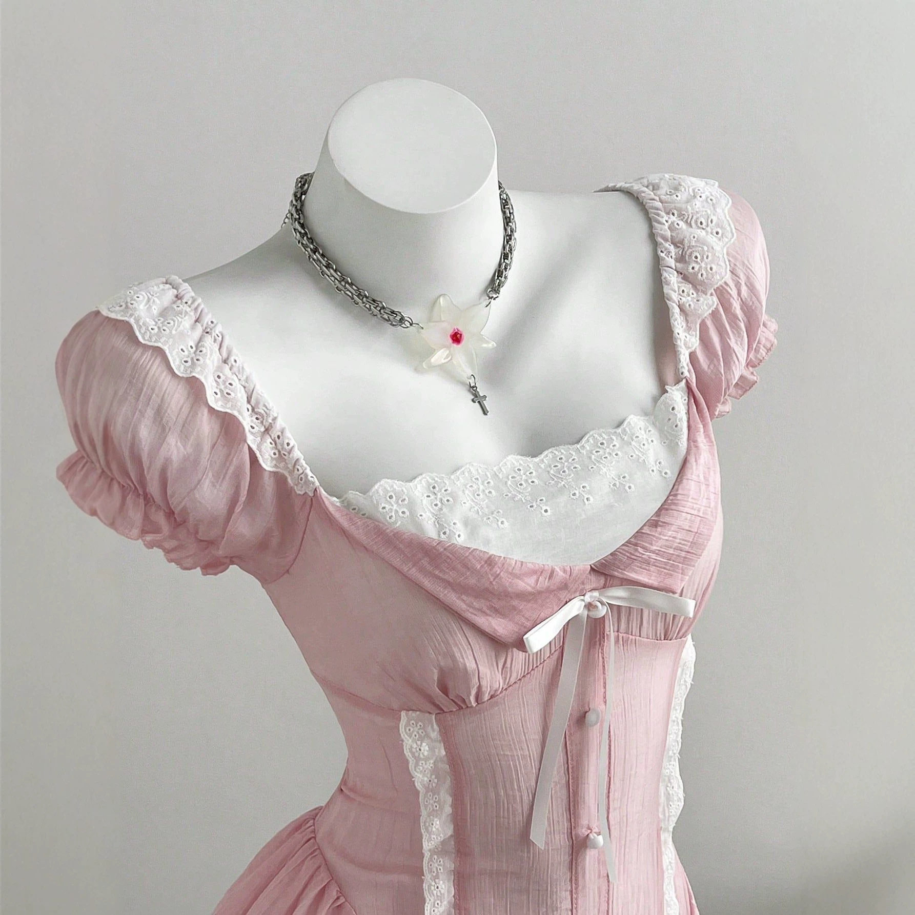 Mini Dress Color Block Puff Sleeves Bow Tie Detail Waist Cinching Casual Wear for Women Ready to Ship