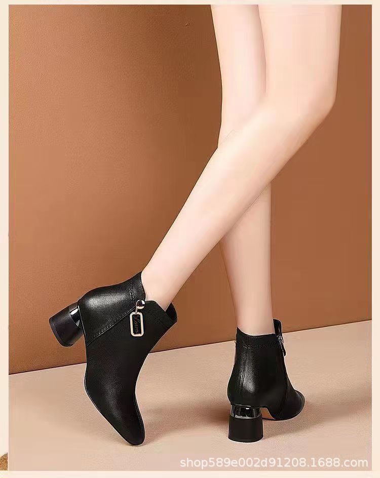 Boot Martin nữ cổ ngắn mũi vuông gót vừa khóa kéo bên — Đường viền đơn màu đen, Lớp lót nhung đen, Lớp lót nhung màu kaki, Màu kaki, một lớp lót.
