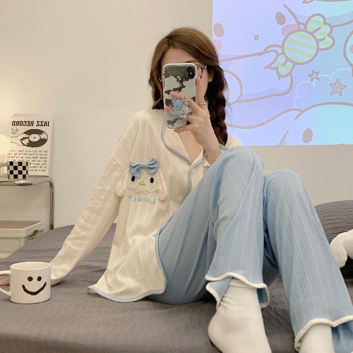 跨境睡衣女夏季短袖短裤玉桂狗刺绣蝴蝶结可爱少女宽松家居服套装