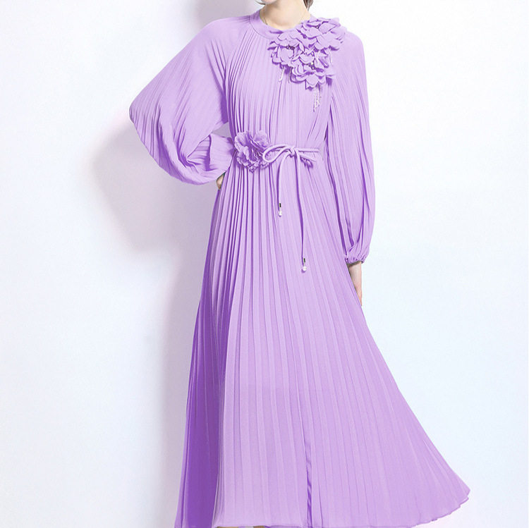 Elegant Womens Dress French Beaded 3D Floral Design Lantern Sleeves Pleated Waist Defined Wholesale Available