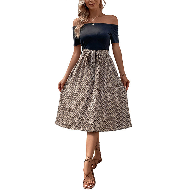 Color Block Off Shoulder Short Sleeve Dress Casual Sexy Vacation Style Available for Wholesale