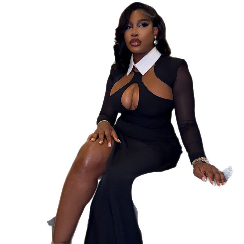 Black and White Hollow Out Bodycon Dress Long Sleeve Shirt Collar Waist Cinching Elegant Style for Parties and Events