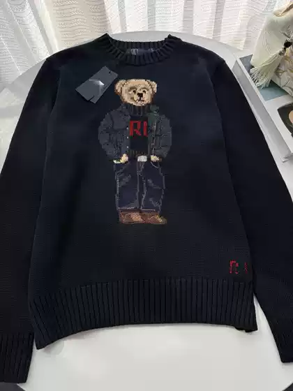 Rl/Scanable 25-Year-Old Bear Autumn and Winter New Pure Cotton Heavy Embroider Cartoon Round Neck Knitted Sweater Women's Casual