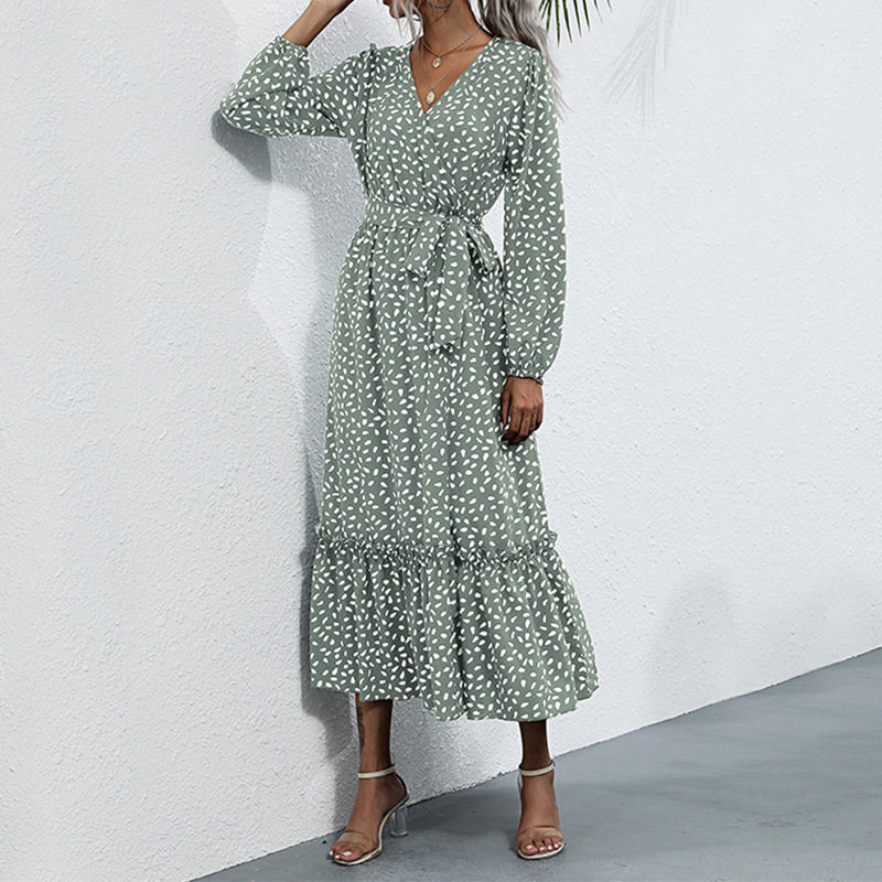 Elegant Long Dress Green Floral Print Split Design Ideal for Autumn and Winter Wholesale Available
