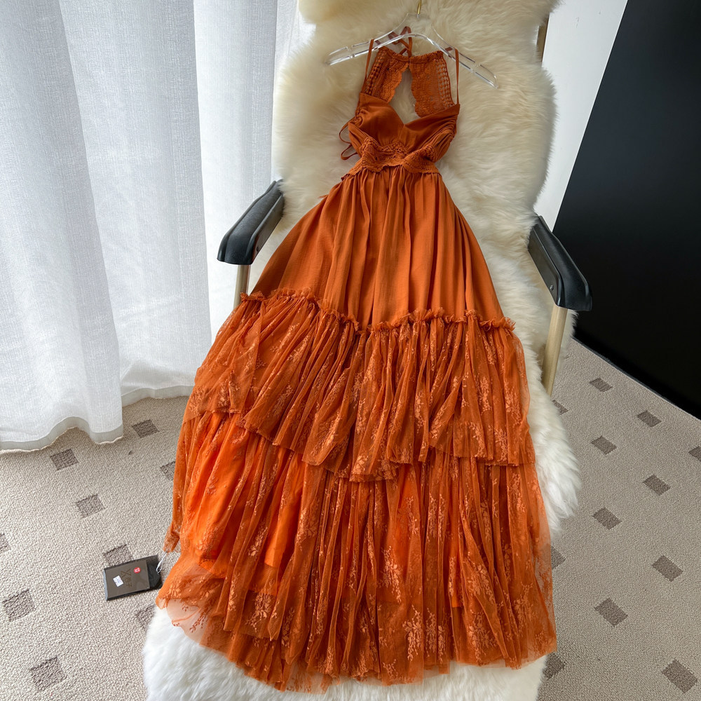 Lace Trim Backless Summer Dress Slim Fit Waist Defined Flowy Maxi Perfect for Vacations and Special Occasions
