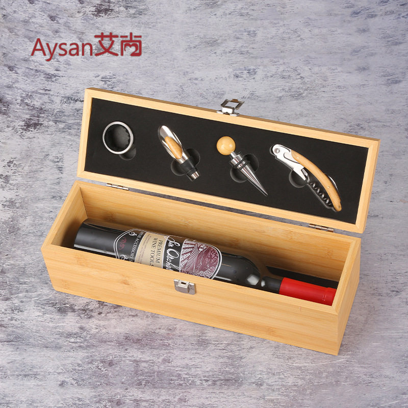 High-grade bamboo box bottle opener suit wine multifunctional stainless steel wooden box wine bottle opener four-piece round set