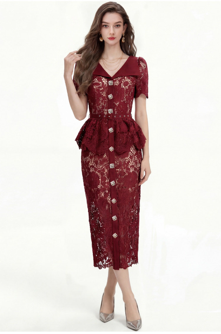 Vintage Style Summer Dress for Women Short Sleeve Doll Collar Beaded Slim Fit Lace Embroidery Elegant Evening