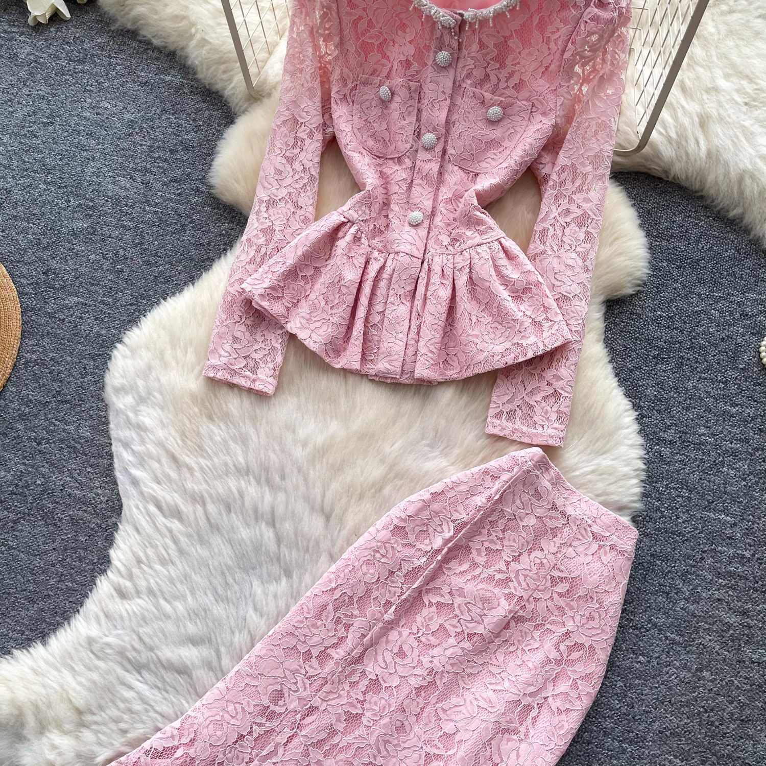 French Style V Neck Lace Long Sleeve Top and Midi Skirt Set Slim Fit Elegant Design Autumn Fashion Wholesale Available