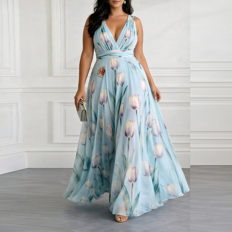 Spring Womens Dress Elegant Floral Print Waist Defining V Neck Comfortable Fabric Perfect for Casual or Formal