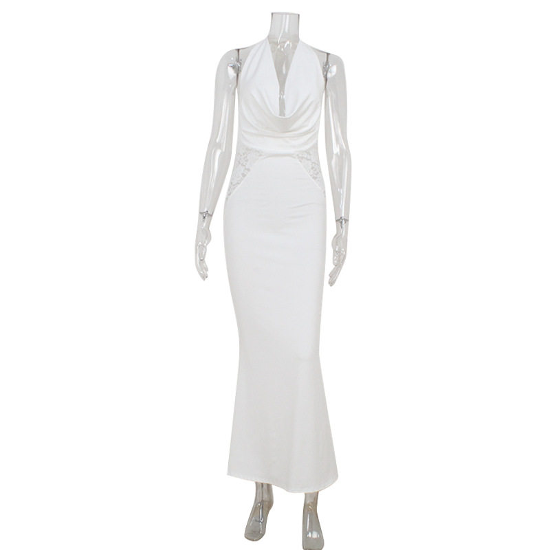 Elegant Lace Trimmed Mermaid Dress Halter Neck V Neck Backless Slim Fit Evening Gown for Formal Occasions