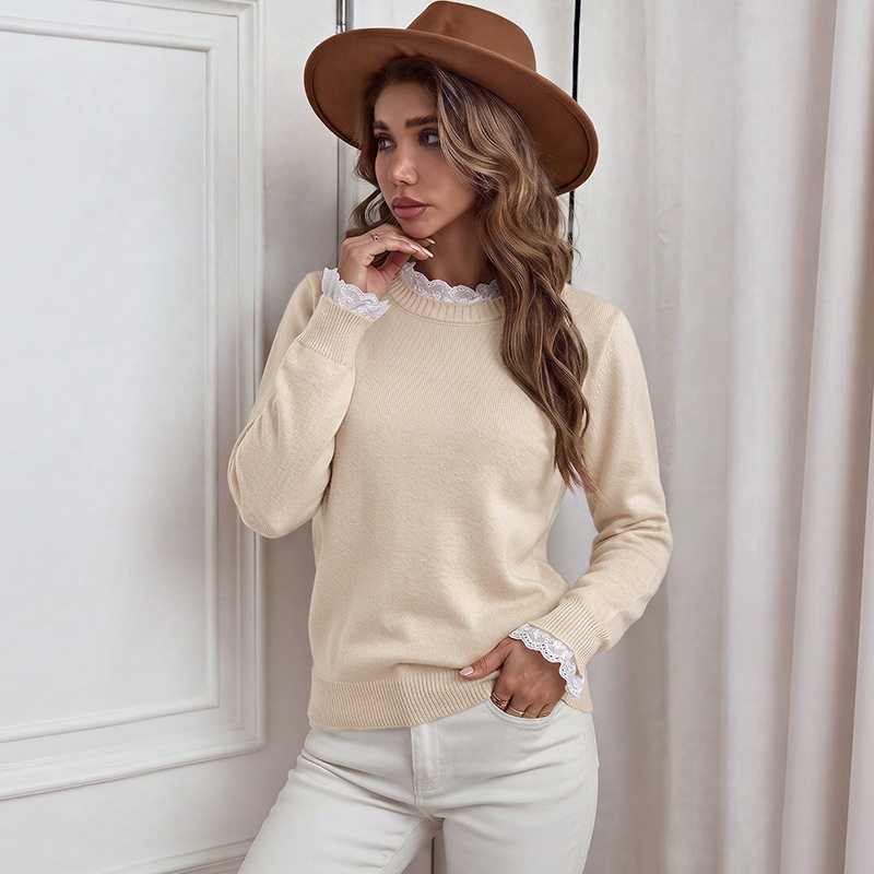 Lace Trimmed Round Neck Sweater French Style Soft Fabric Solid Color Womens Fashion for Spring Fall Wholesale
