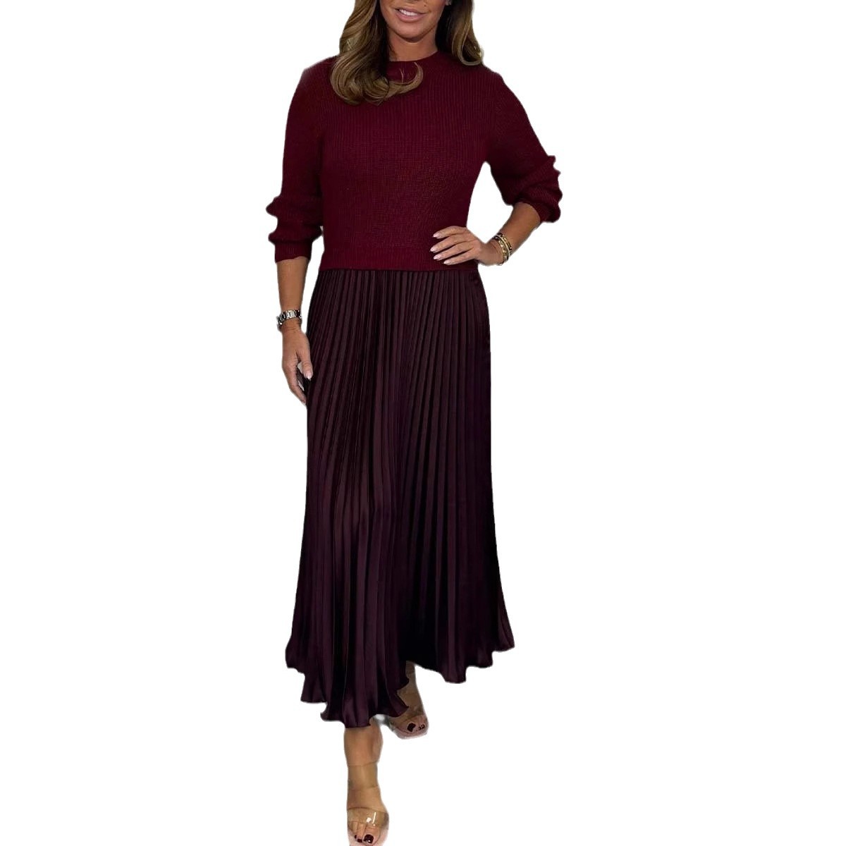 Knitted Long Sleeve Color Block Dress Solid Color Pleated Design Stylish for Fall Winter Wholesale Available