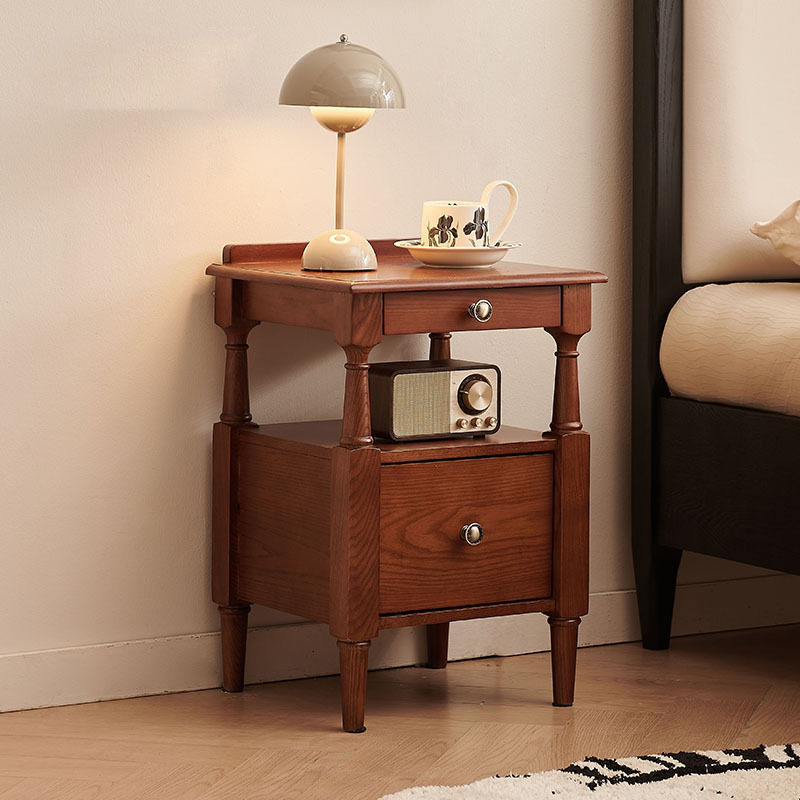 Small Apartment Bedside Table, French Retro Solid Wood, Extremely Narrow Double-Layer Drawer Bedside Storage Cabinet for Small Apartments