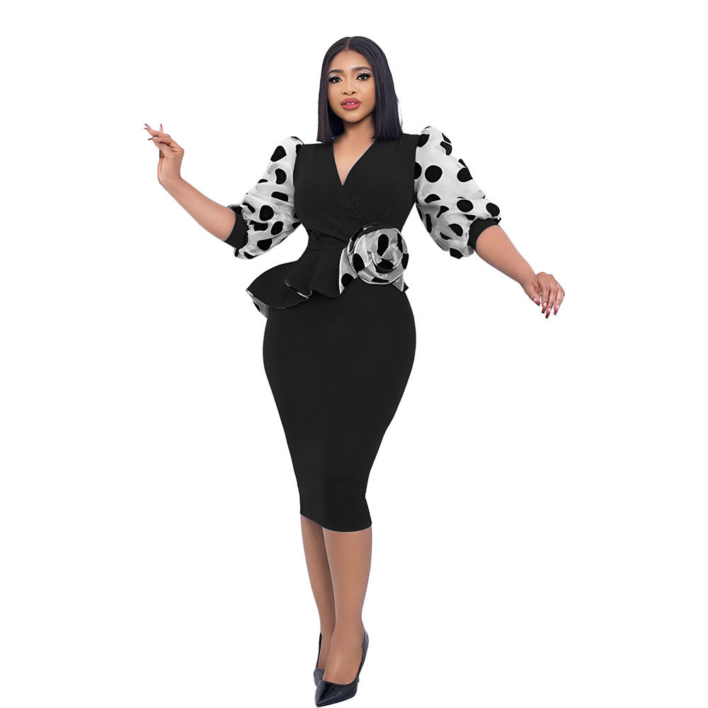 Womens Pencil Dress Spring Summer Collection Mesh Puff Sleeve Color Block Design Elegant Style Wholesale Available