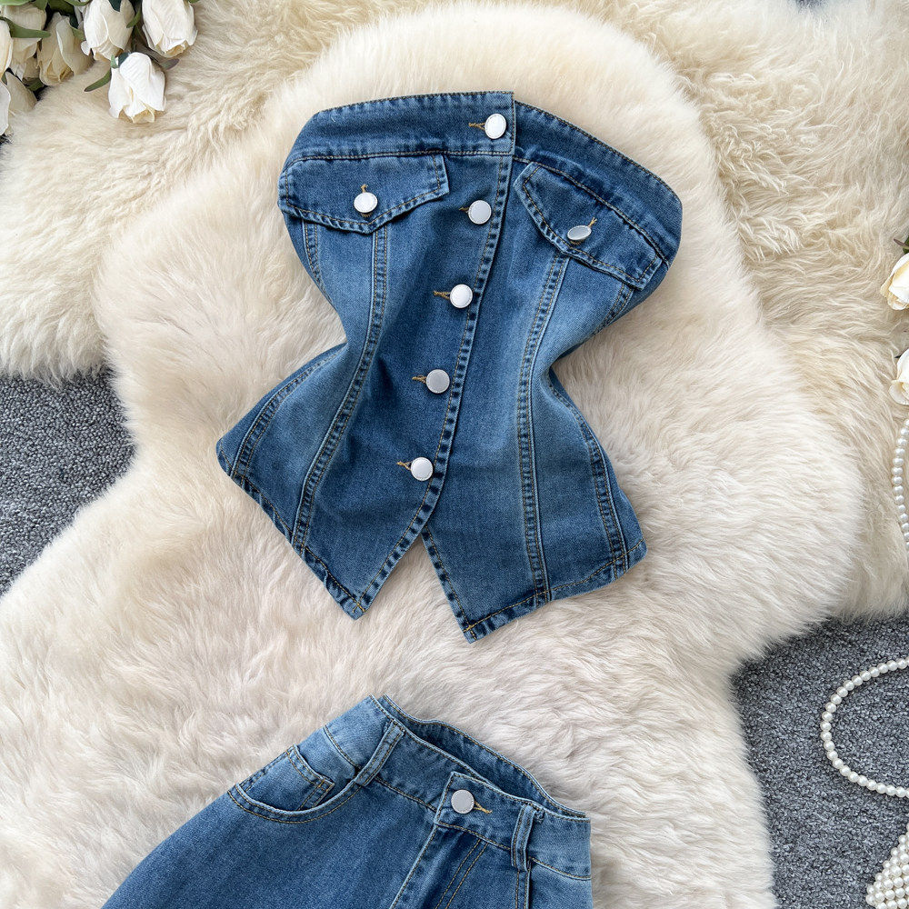 Womens Summer Denim Two Piece Set Slim Fit High Waist Minimalist Style Perfect for Office Wear Wholesale Available