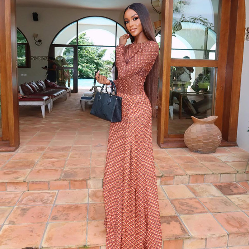 A Line Dress Ruffled Design Tie Detail Long Sleeve Round Neck Casual Vacation Wear Wholesale Available