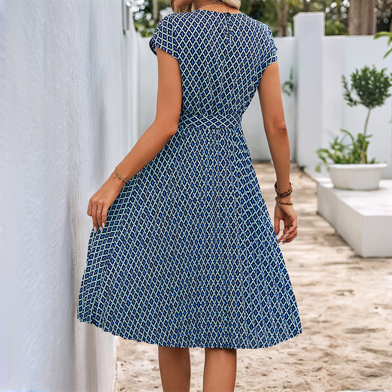Geometric Print Short Sleeve Dress Minimalist Style Round Neck Comfortable Fabric Perfect for Casual Occasions OEM