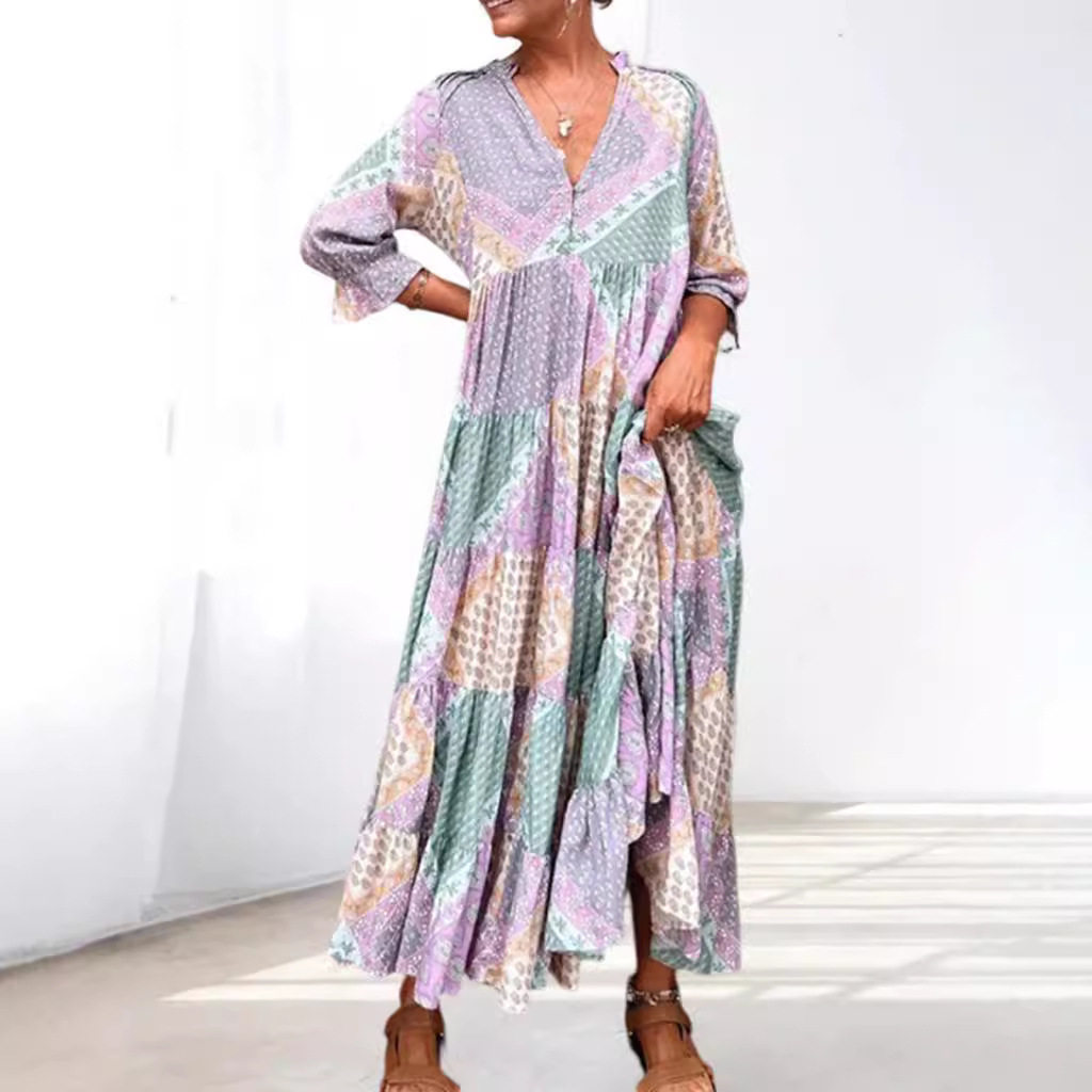 V Neck Color Block Casual Maxi Dress Summer Style Loose Fit Comfortable Fabric Wholesale Available