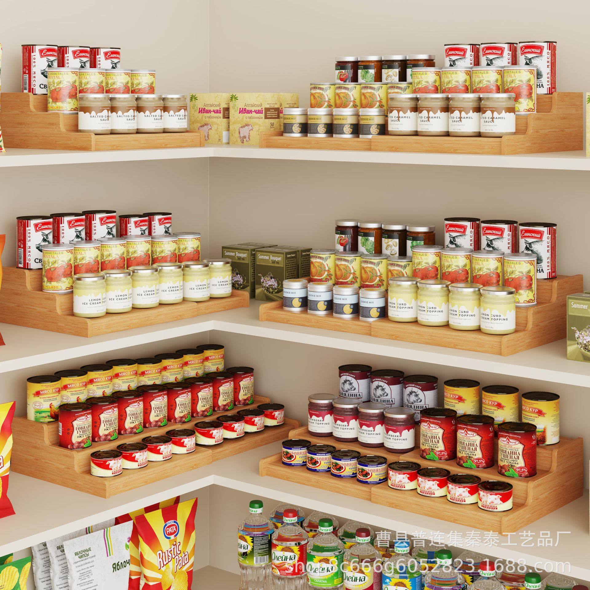 Bamboo Expandable Can Rack Pantry 3-Layer Adjustable Can Rack Cabinet Soda Storage Rack