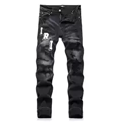 New foreign trade style trendy black ripped patch embroidered badge skinny stretch men's jeans 3529