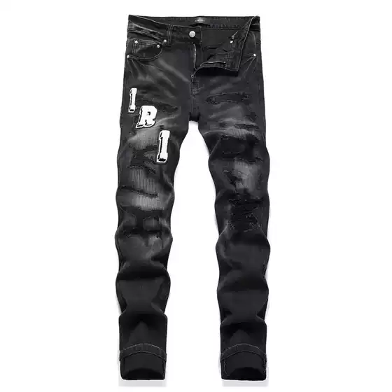 New foreign trade style trendy black ripped patch embroidered badge skinny stretch men's jeans 3529