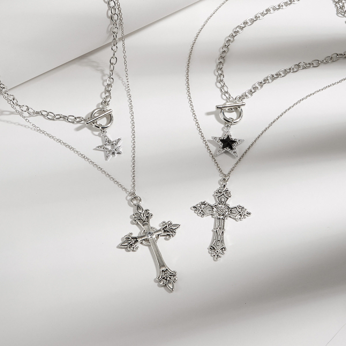 European and American Cross-border Jewelry Gothic Style Hip Hop Necklace Retro Cross Pendant Five-pointed Star Clavicle Chain Necklace for Women