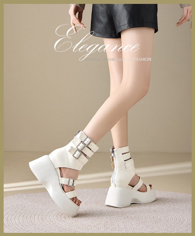 Sandal cao gót nữ hở mũi quai ngang đế dày 8 cm phong cách La Mã da bò mềm — [Trắng kem], [Đen] chi tiết 1