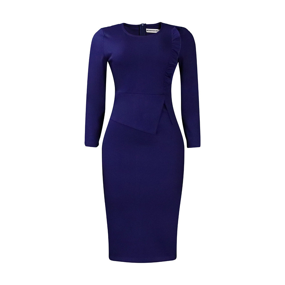 Plus Size Womens Spring Dress Solid Color Ruffled Hem Round Neck Bodycon Fit Office Wear Business Casual