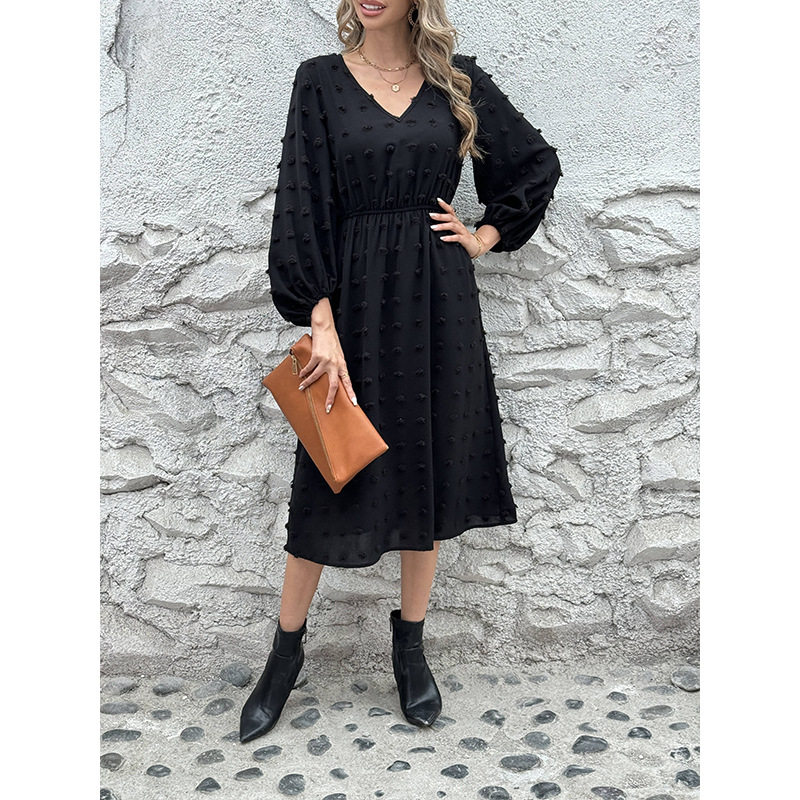 French V Neck Long Sleeve Dress Stylish Pom Detail Chic Casual Wear for Women Ready to Ship OEM ODM service
