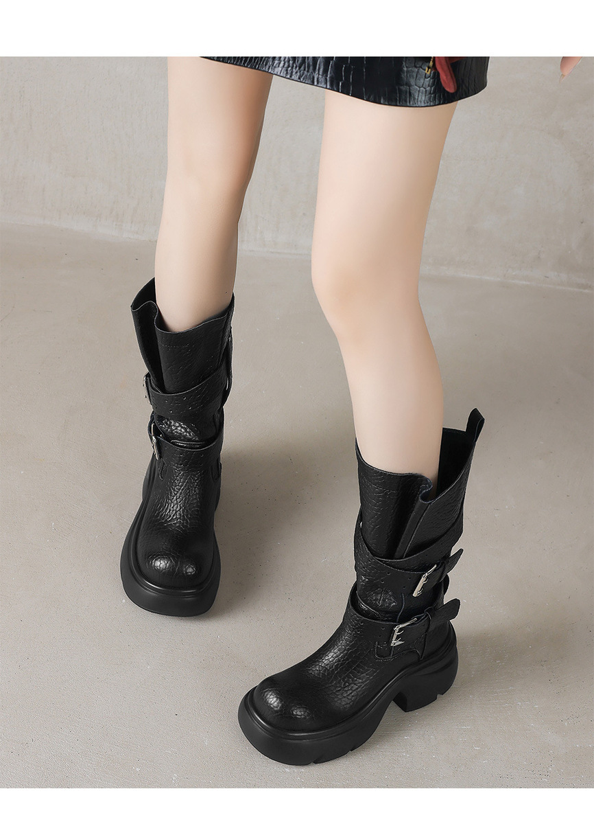 Boot nữ da bò cổ cao gót thô đế dày khóa thắt lưng — Lớp lót lông cừu giữa bắp chân màu đen, Tất đen đến bắp chân, lót một lớp., Lớp lót đơn ống dài màu đen, Lớp lót nhung dài màu đen