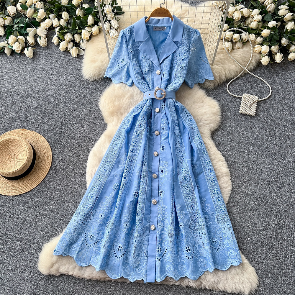 French Romantic Lace Hollow Out Dress Short Sleeve Slim Fit A Line Summer Office Wear Wholesale Available