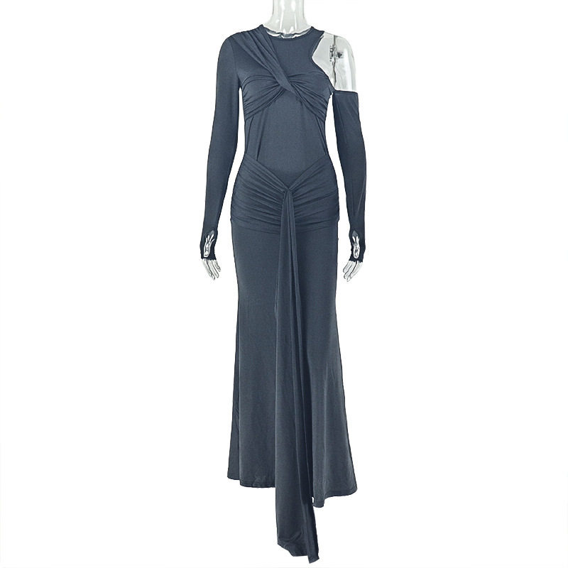 One Shoulder Long Sleeve Bodycon Dress Hollow Out Round Neck Solid Color Tie Detail Elegant Evening Wear Wholesale