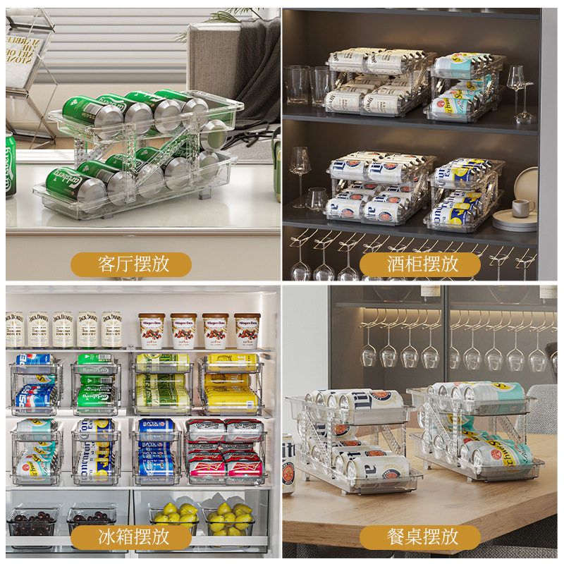 Double-layer retractable rolling beverage storage box automatic filling pop can storage rack refrigerator soda desktop rack
