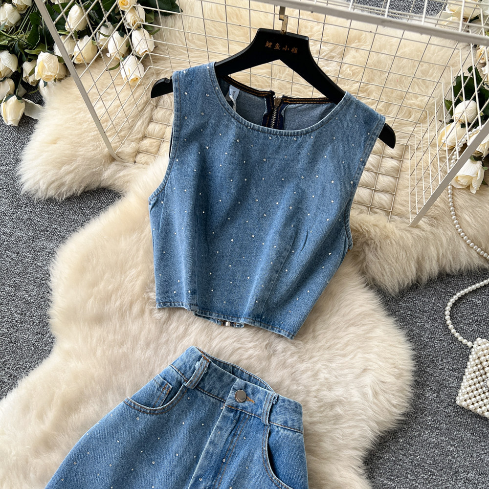 Korean Style Womens Denim Set Summer Halter Top High Waisted Wide Leg Pants Chic Office Wear Wholesale Available