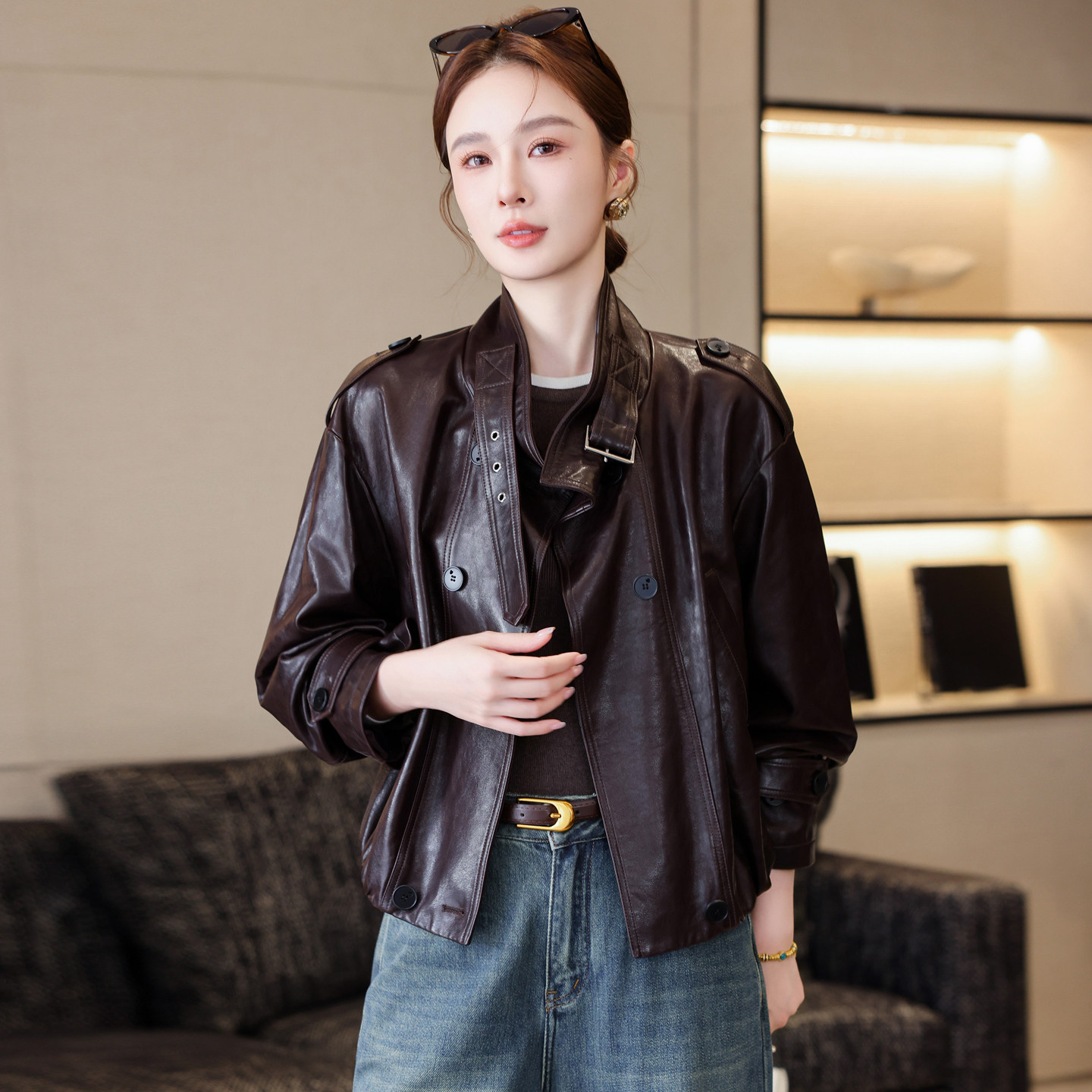 Áo Khoác Da Thật Nữ Kiểu Ngắn Dáng Bomber Da Cừu