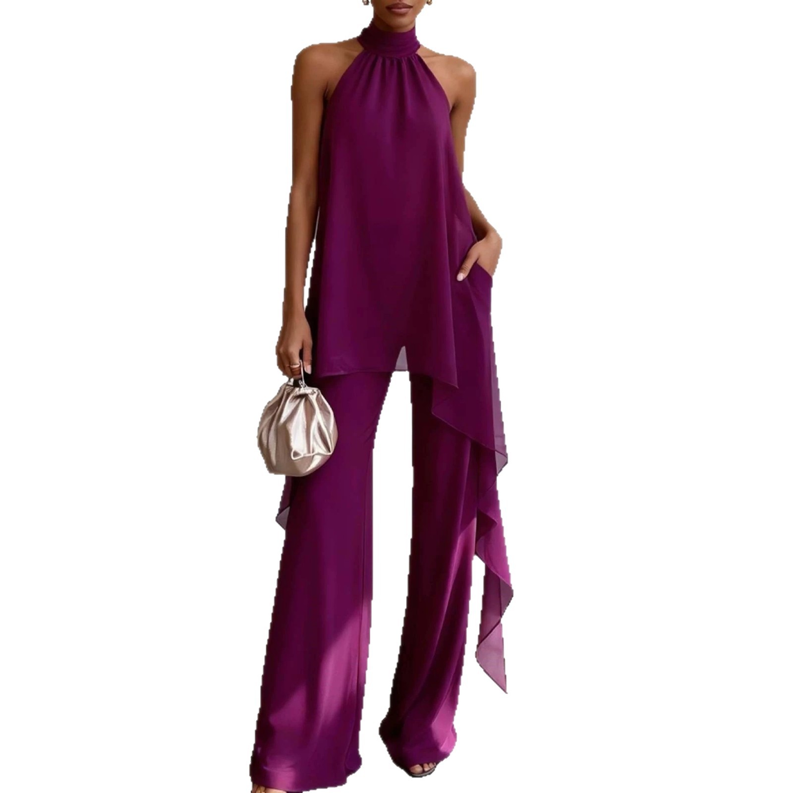Chiffon Two Piece Set Sleeveless Halter Neck Solid Color Spring Summer Fashion for Women Wholesale Available