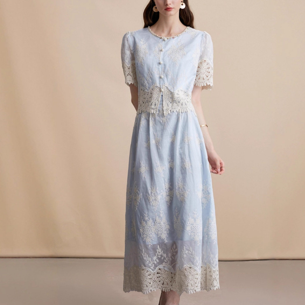 Vintage Ethnic Style Hollow Out Crochet Design Womens Summer Set Short Sleeve Shirt High Waist Slimming Skirt Casual