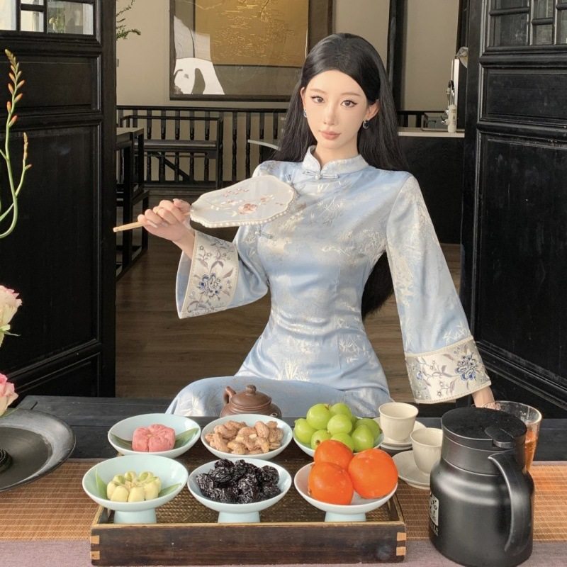 New Chinese-Style Blue Printed Slim-Fit Inverted Large-Sleeve Improved Gentle Cheongsam Autumn Retro Bamboo Leaf National Style Stand-Collar Dress