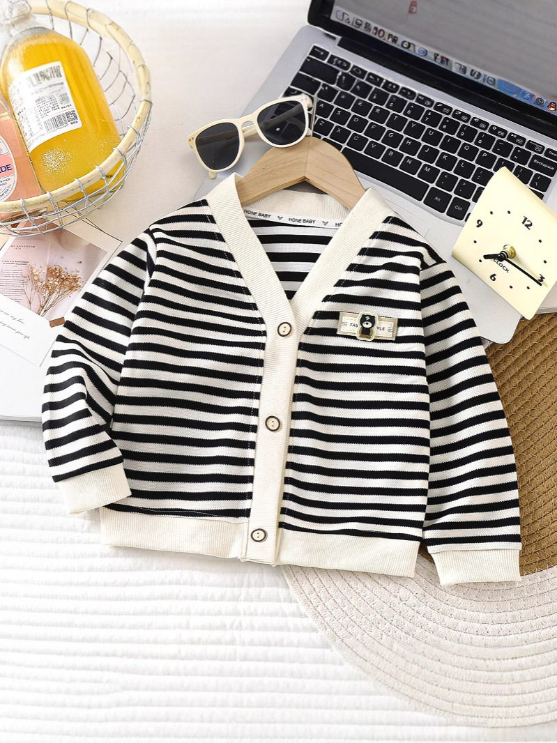 New Boys & Girls Autumn Korean Style Striped Versatile Stylish Coat, Kids' Long-Sleeve Top for Toddlers & Little Kids