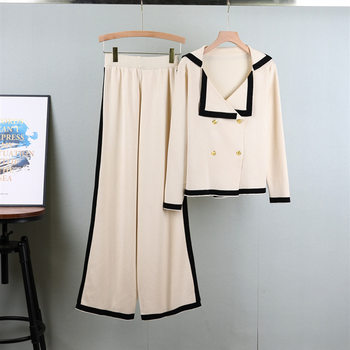 Autumn New Style Chanel Style Elegant Long-sleeved Knitted Laps Cardigan suit Women's Slim-fit Slimming Wide-leg Pants Two-piece Set