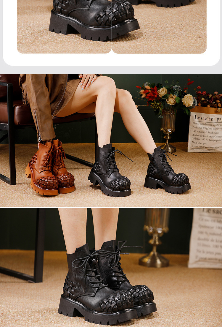 Boot Martin nữ da bò thật cổ ngắn phối dây kéo bên hông — đen, màu nâu