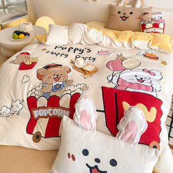 Class a Comes with a Pillow, Thickeneded Milk Velvet Four-Piece Set, Winter Cute Embroidered Warm Milk Velvet 1.2m Quilt Cover Bedding