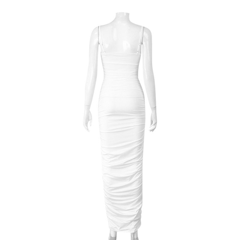 French Style Off Shoulder Bodycon Dress Pleated Design Solid Color Slim Fit Long Length Perfect for Parties or