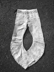 26Ss Distressed Washed Button-Up Jeans with 3D Whiskers and Curved Design, Skinny Gray-White Denim Pants with a Stacked Look for a Taller Appearance