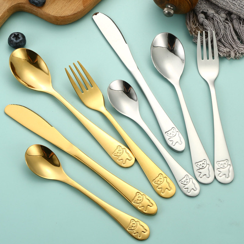 Bear four-piece 304 stainless steel tableware suit cartoon children's spoon Fork knife dessert spoon student Golden Western food