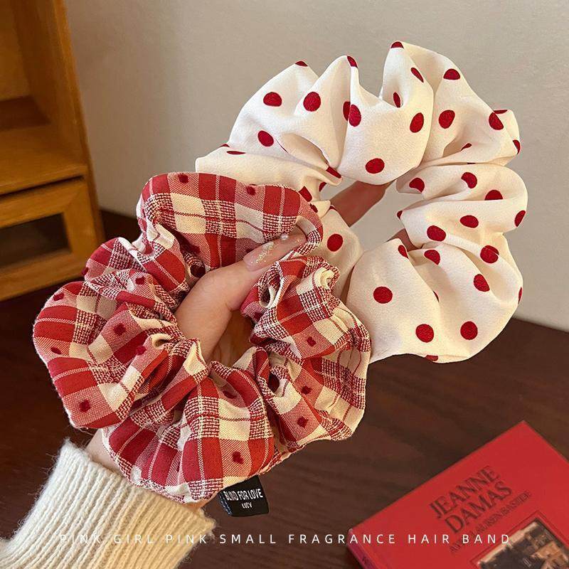 French retro red wave dot large intestine hair ring autumn and winter temperament horsetail ball head fat sausage hair rope head flower head rope