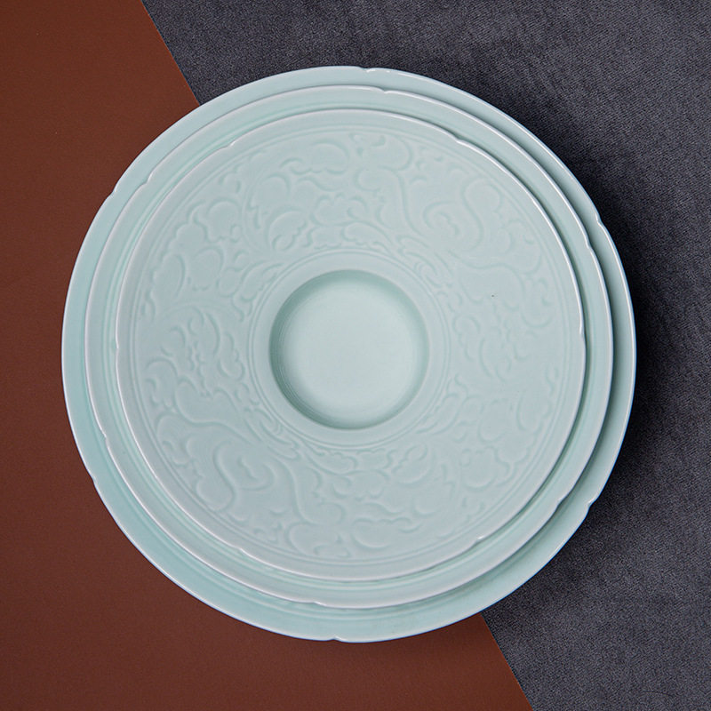 Jingdezhen Celadon Hotel Restaurant Commercial Retro Straw Hat Plate Western Dinner Plate Disc Dim Dispel Artistic Conception Plate Tableware