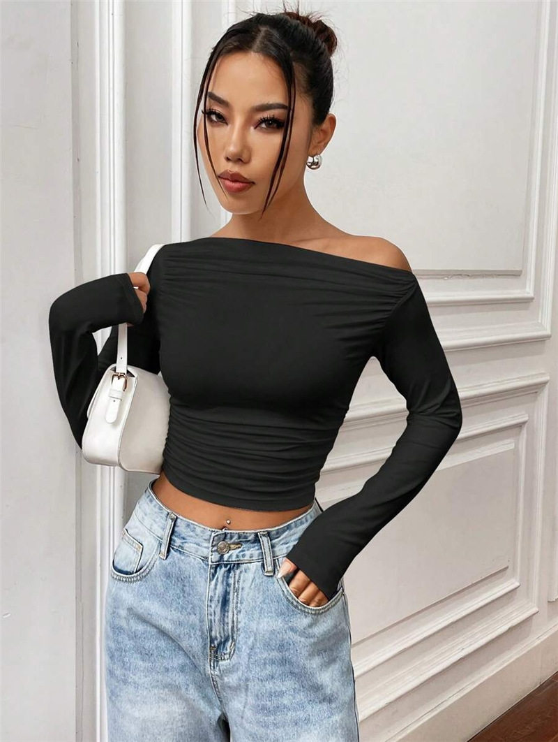 Slim Fit Asymmetrical Long Sleeve Womens T Shirt Versatile Design Pleated Detail Spring Summer Style Wholesale