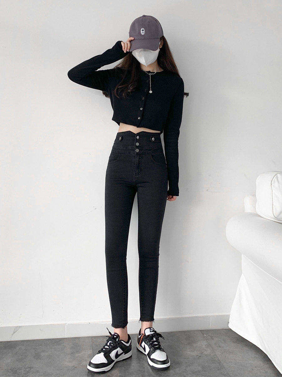 High Waisted Womens Jeans Korean Style Distressed Hem Slim Fit Spring Fashion for Students Wholesale Available
