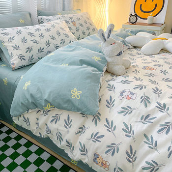 Nordic ins Bed Four-piece Set Pure Cotton 100 Small Fresh Quilt Cover Bed Sheet Quilt Cover Bed Hat Dormitory Three-piece Set